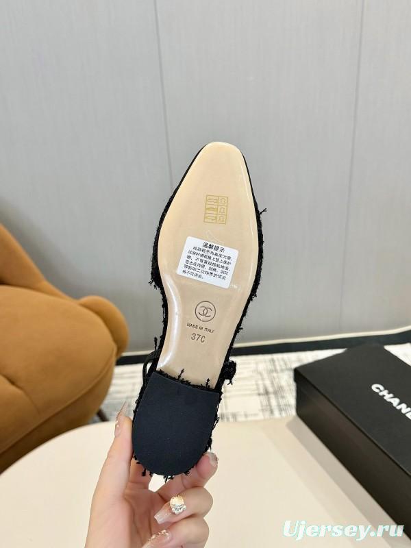 2025 Women Chanel Black Leather Tweed Ballet Flats LY00240