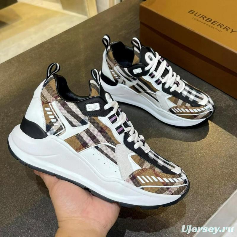 2025 Unisex Burberry Brown White Black Cotton Calfskin Suede Sneakers Check MJ00380(W/M)