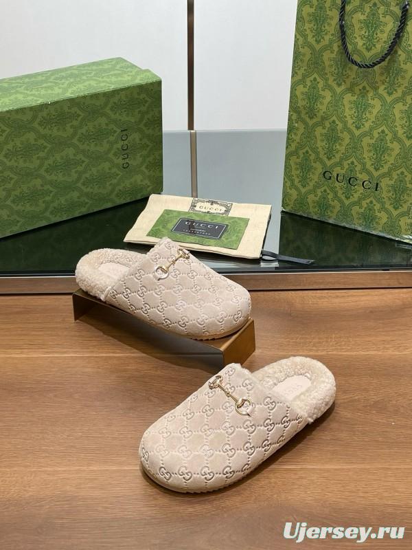 2024 Slippers Gucci Beige Shearling GG Embroidery