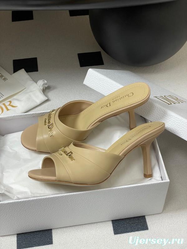 2025 Women Dior Beige Leather Heeled Slippers Christian Dior Logo
