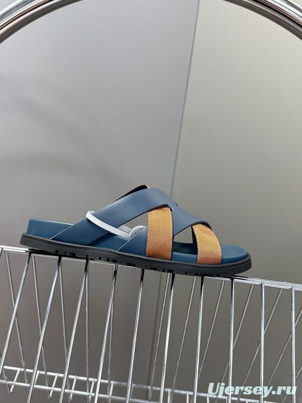 2025 Slippers Hermès Blue Brown Leather Slippers