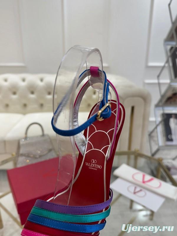 2025 Women Valentino Red Blue Green Pink Leather Suede High Heel Sandals LY00310