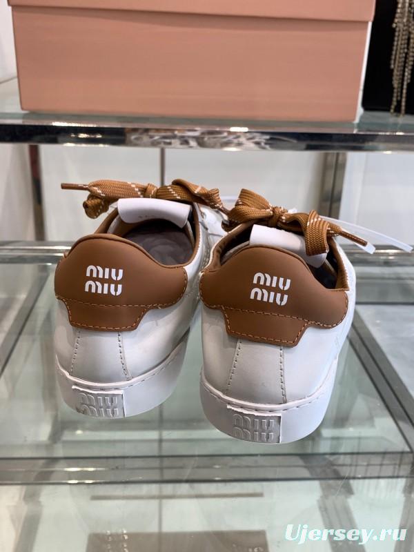 2025 Women Miu Miu White Brown Leather Sneakers LY00290