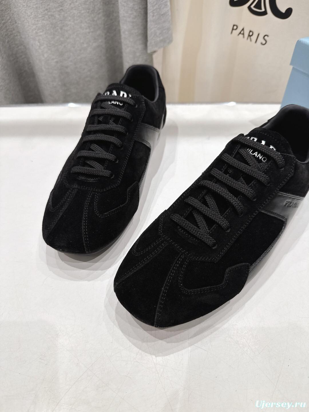 2025 Unisex Prada Black Suede Leather Casual Shoes KFY00300