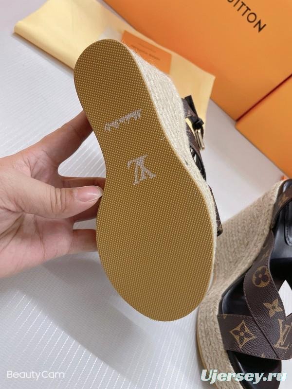 2025 Women Louis Vuitton Brown Leather Denim Espadrilles Wedge Sandals MJ00280