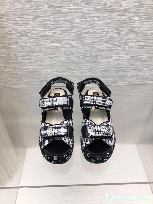 2025 Women Chanel Black White Fabric Platform Sandals LY00330