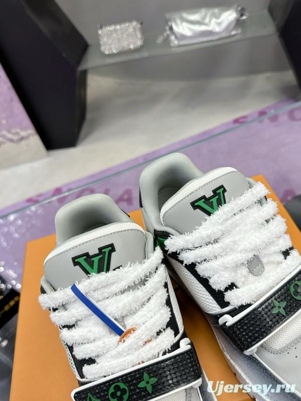 2024 Unisex Louis Vuitton Green White Leather Fabric Plimsolls Waxed Distressed Washed MJ00500