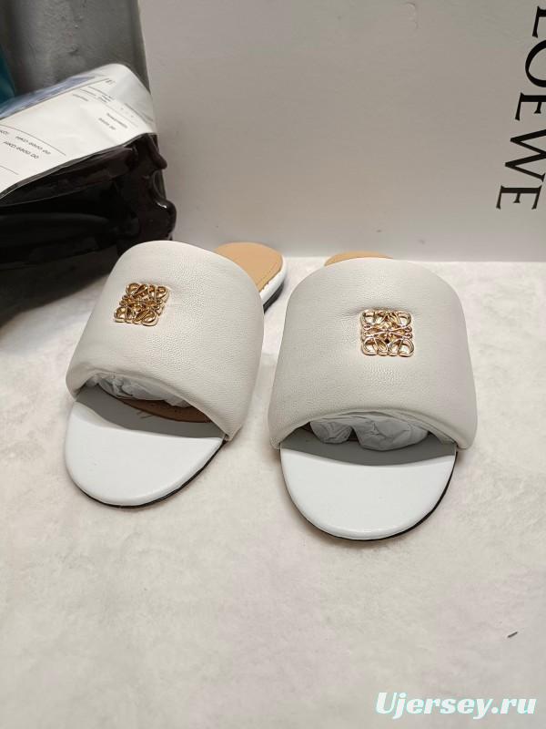 2025 Women Loewe White Leather Slippers LY00260