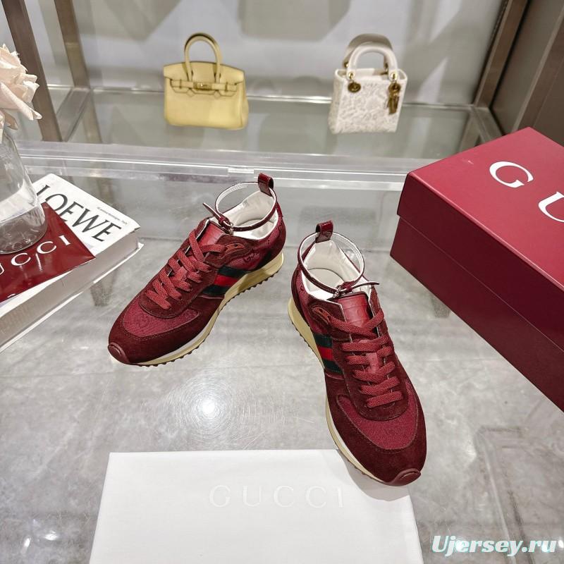 2025 Women Gucci Burgundy Red Suede Fabric Sneakers LY00340