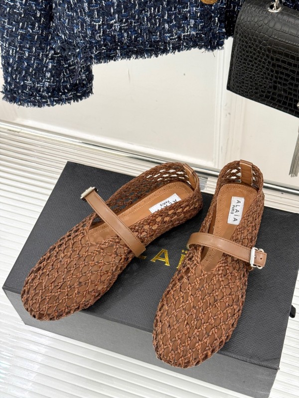 2025 Women AlAIA Brown Leather Woven Mary Jane Shoes