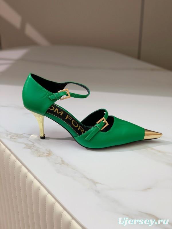 2025 Women TOM FORD Green Gold Leather Pointed Toe Mary Jane KFY00320