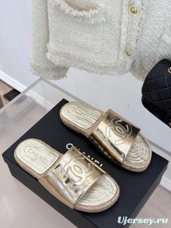 2025 Women Chanel Gold Leather Slippers
