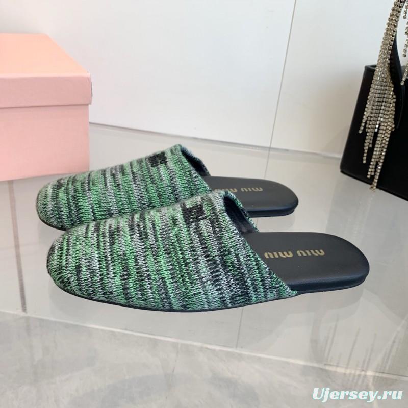 2025 Miu Miu Green Black Fabric Slippers