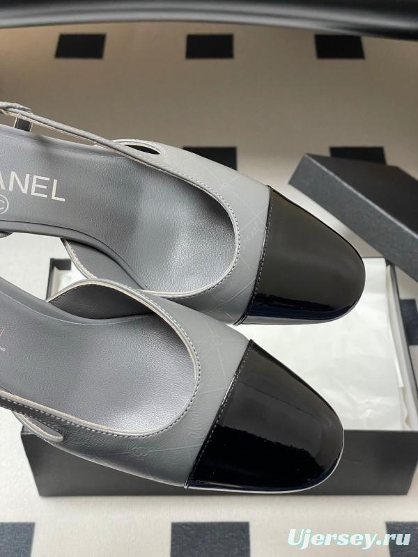 2025 Women Chanel Grey Black Leather Sling-back Heel