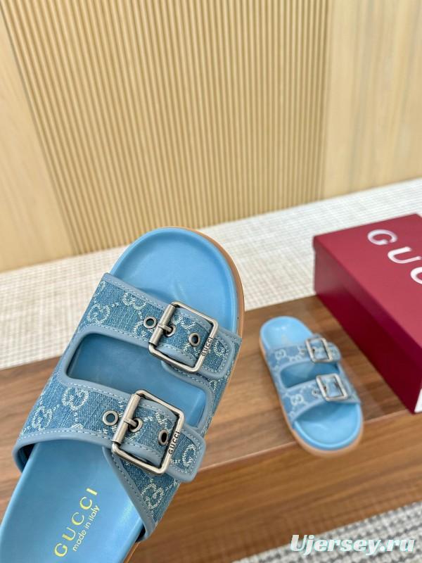 2025 Women Gucci Light Blue Canvas Leather Sandals