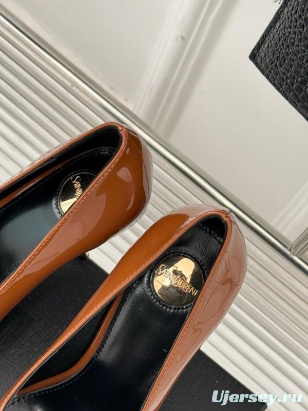 2024 Women Yves Saint Laurent Brown Patent Leather High Heels Metal Tip MJ00330