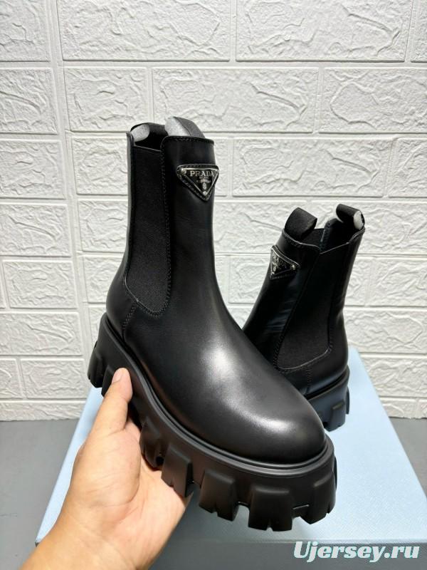 2024 Women Prada Black Leather Chelsea Boots MJ00380