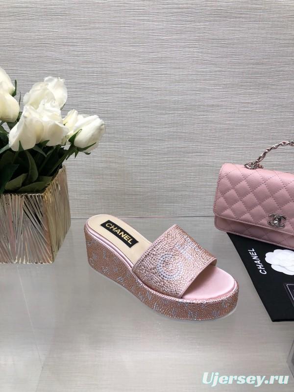 2025 Slippers Chanel Pink Rhinestone Platform Slip-On LY00320