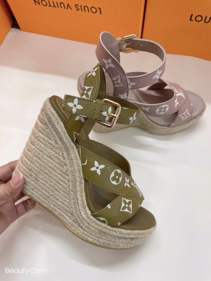 2025 Women Louis Vuitton Pink Beige Green Leather Denim Espadrilles Sandals MJ00280