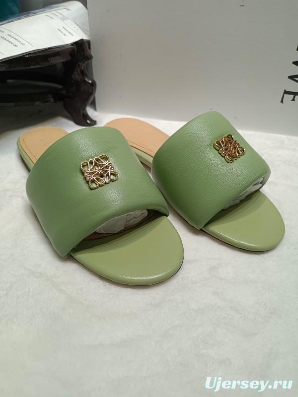 2025 Women Loewe Green Leather Slippers