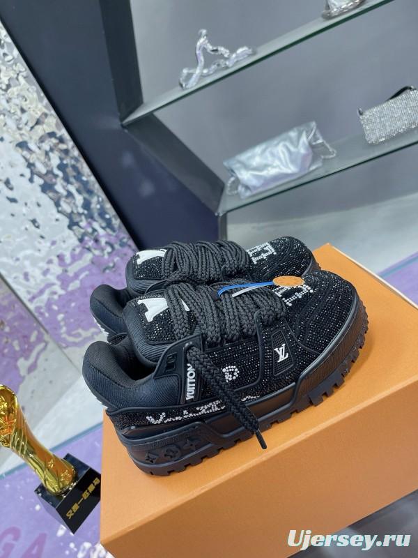 2024 Kids Louis Vuitton Black Rhinestone Fabric LV Trainer