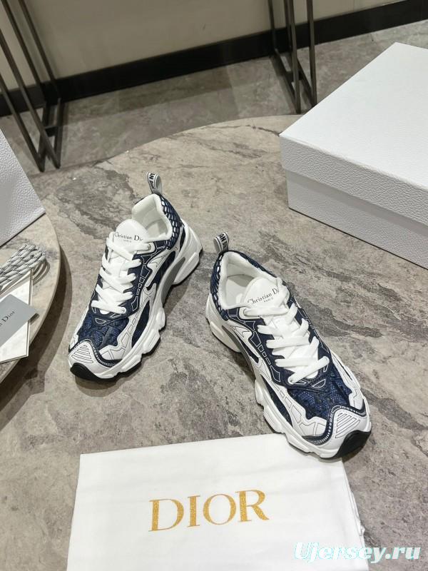2025 Women Dior Navy White Mesh Leather Sneakers KFY00370