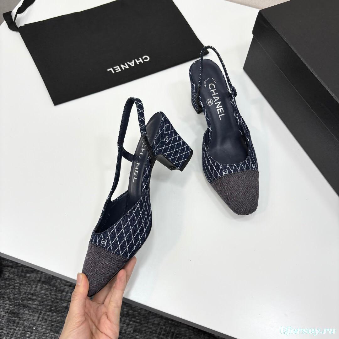 2025 Women Chanel Blue Grey Denim Leather Slingback LY00240