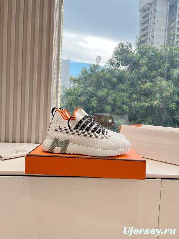 2024 Unisex Hermès White Black Orange Calfskin Suede Knit Sneakers MJ00290