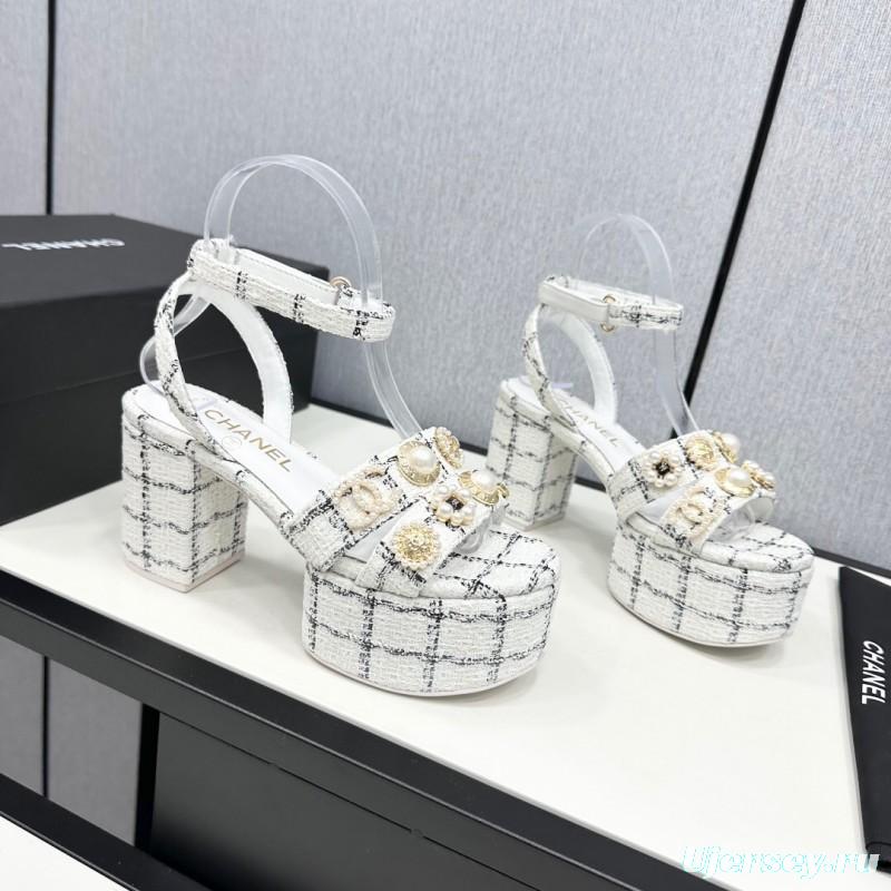 2025 Women Chanel White Black Fabric Platform Sandals Pearl Embellishment