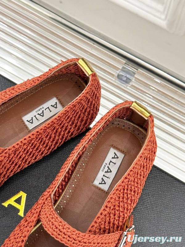 2025 Women AlAIA Orange Knitted Leather Mary Jane KFY00310