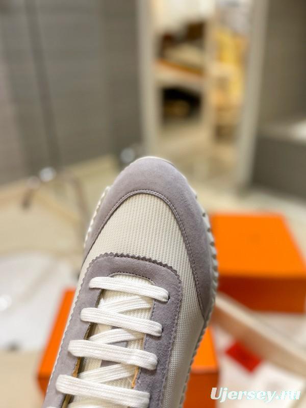 2024 Unisex Hermès White Grey Silk Leather Sneakers MJ00320