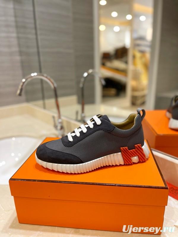 2024 Unisex Hermès Black Gray Imported Calfskin Rainproof Fabric Sneakers MJ00320
