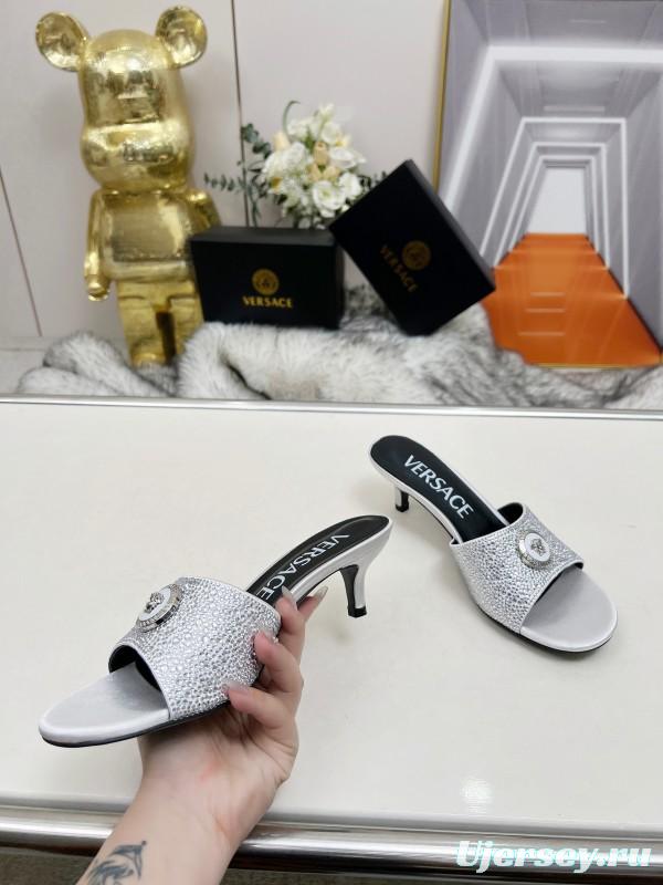 2025 Women VERSACE White Crystal Satin Mules