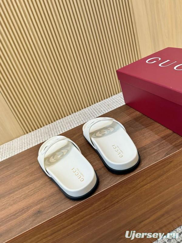 2025 Women Gucci White Leather Slippers GG Logo LY00230