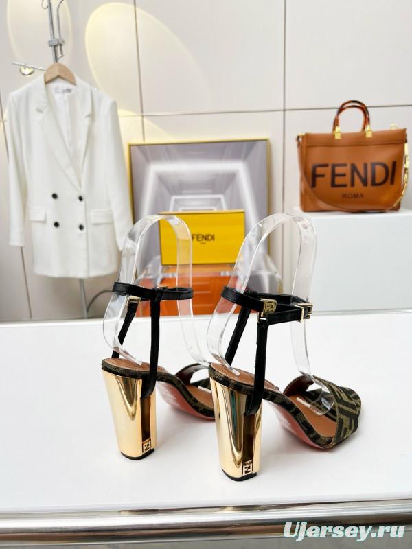 2025 Women Fendi Brown Black Leather Fabric High Heel Sandals