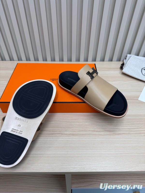 2025 Slippers Hermès Beige Black Leather Slippers