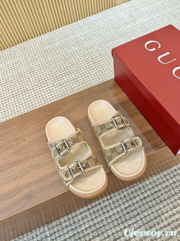 2025 Women Gucci Beige Canvas Leather Slippers LY00360