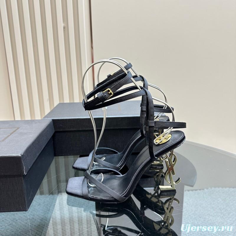 2025 Women Yves Saint Laurent Black Satin High Heel Sandals KFY00290
