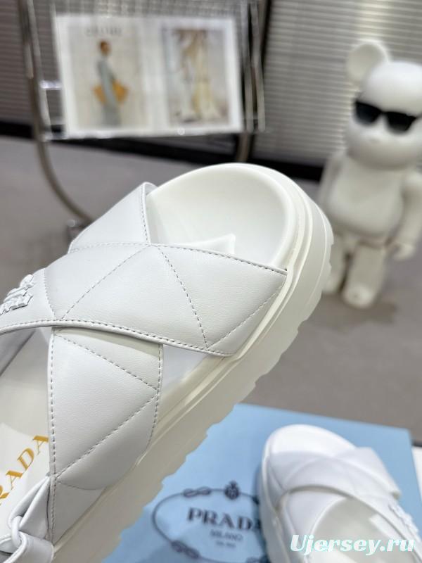 2025 Women Prada White Leather Sandals KFY00280