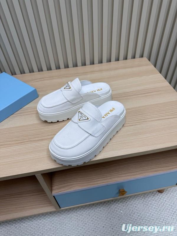 2025 Women Prada White Canvas Platform Loafers