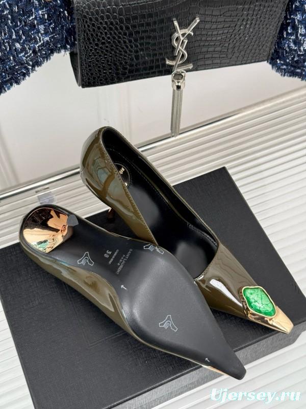2024 Women Yves Saint Laurent Olive Green Patent Leather High Heel Gemstone MJ00330