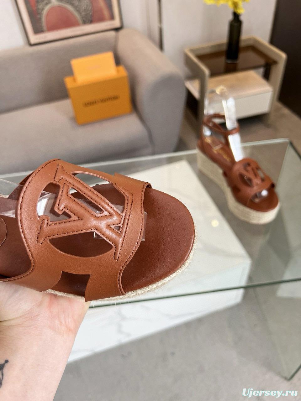 2025 Women Louis Vuitton Brown Leather Espadrille Wedge Sandals MJ00280