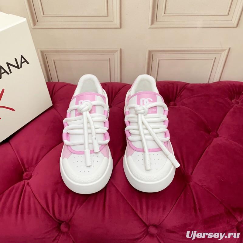 2025 Women Dolce & Gabbana White Pink Leather Mesh Sneakers