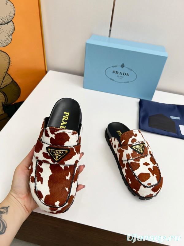 2025 Women Prada Brown White Cowhair Leather Slippers LY00270