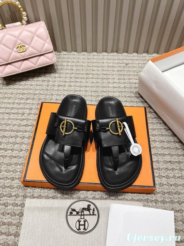 2025 Slippers Hermès Black Leather Slippers LY00270