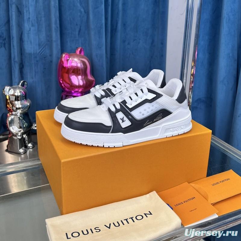 2025 Unisex Louis Vuitton White Black Calf Leather Sneakers LV Trainer