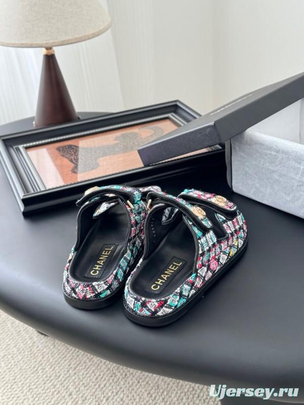2025 Women Chanel Multi Color Fabric Leather Sandals LY00310