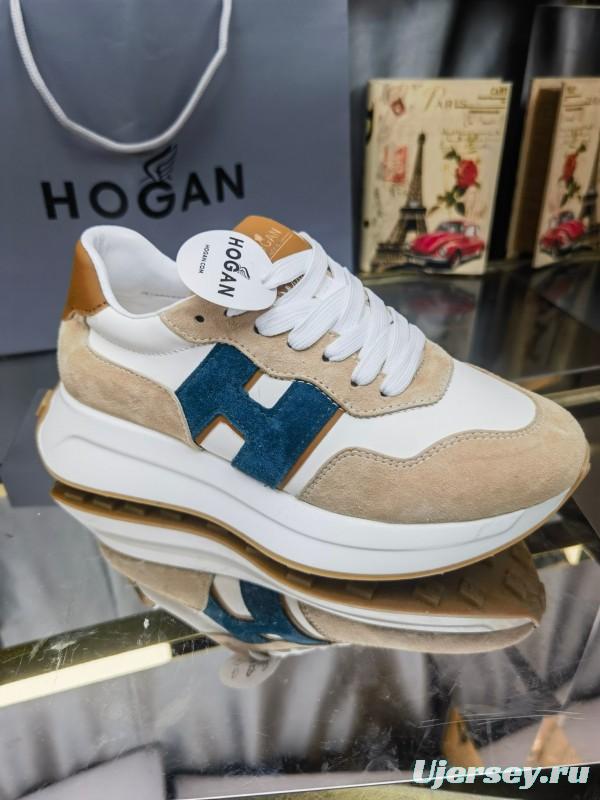 2025 Unisex HOGAN White Beige Blue Leather Suede Platform Sneakers H-STRIPES LY00360(F)/LY00370(M)