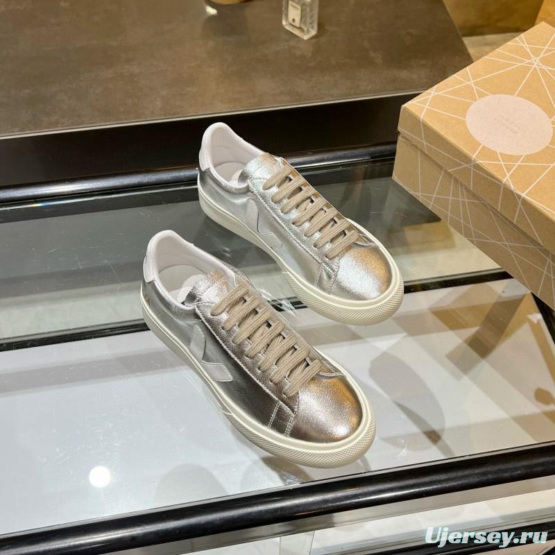 2025 Unisex VEJA Silver Leather Canvas Vulcanized Sneakers MJ00240