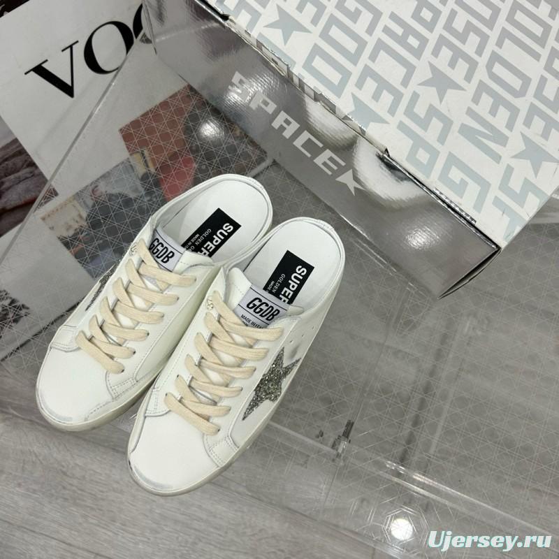 2025 Women GGDB White Silver Leather Suede Star Mules